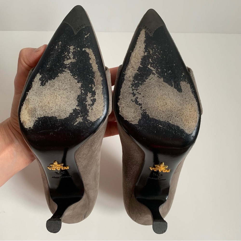 Prada Mid Heel Pointed Loafer Pump with Buckle Grey - Picture 9 of 17